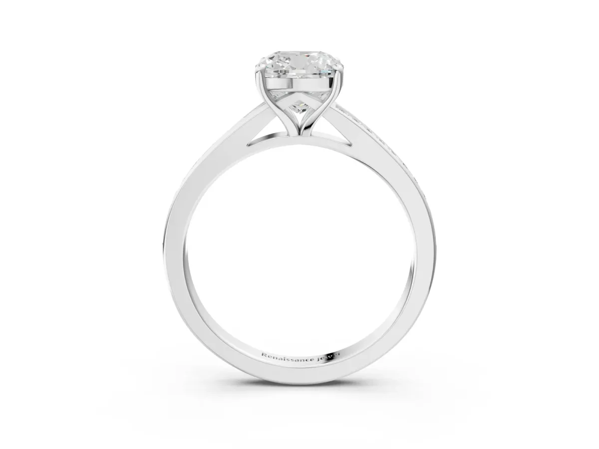 Cushion Cut Diamond Solitaire Ring with Pavé Band and Prong Setting Silver