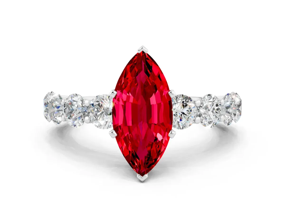 Marquise Cut Ruby Prong Setting with Side Stones on a Pave Band Platinum