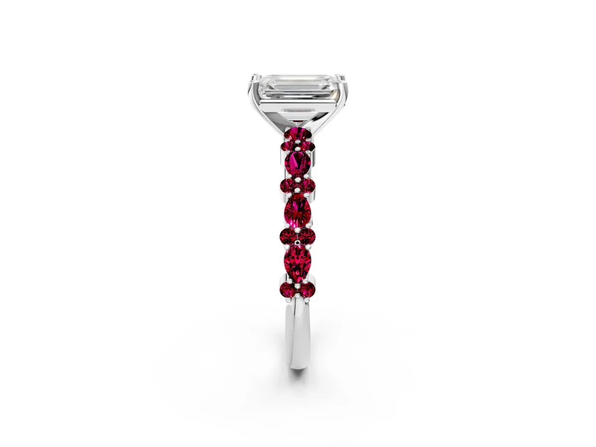 Emerald Cut Diamond Side Stone Solitaire Ring with Round Garnet and Four-Prong Setting White gold