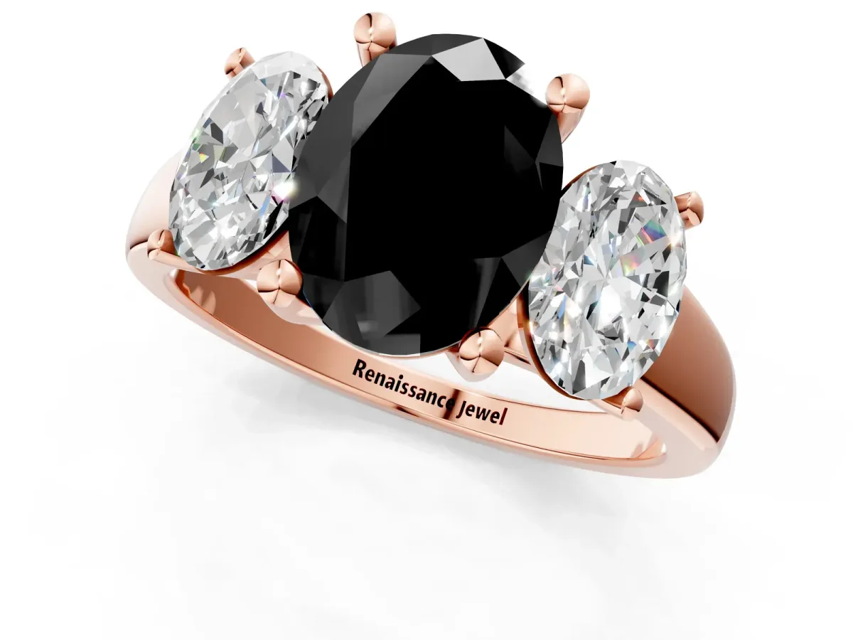 Fancy Black Three-Stone Oval Cut Cut Solitaire Ring with Classic Prong Setting Rose gold