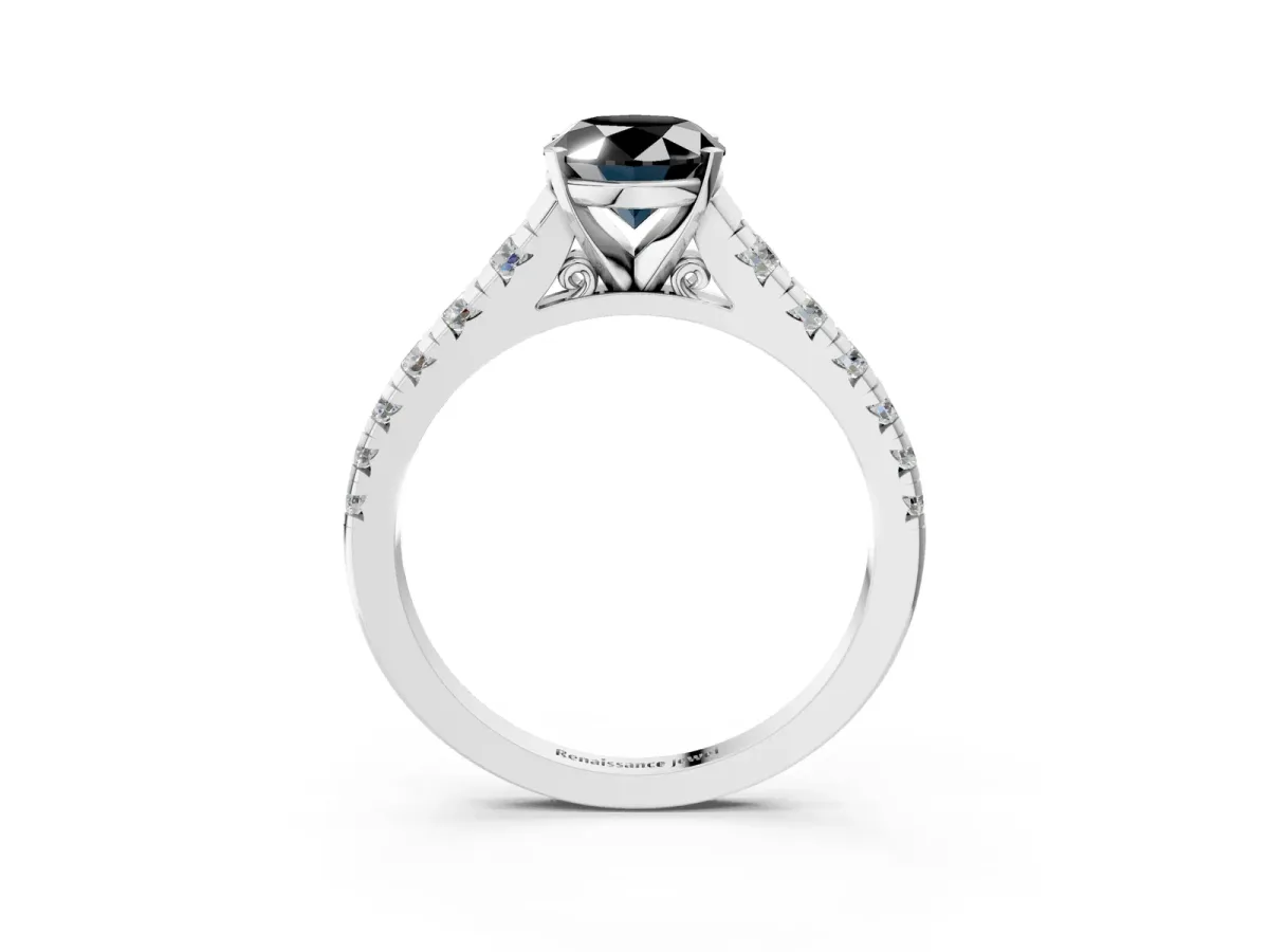Fancy Black Oval Cut Diamond Cathedral Solitaire Ring with Round Pavé Band Silver