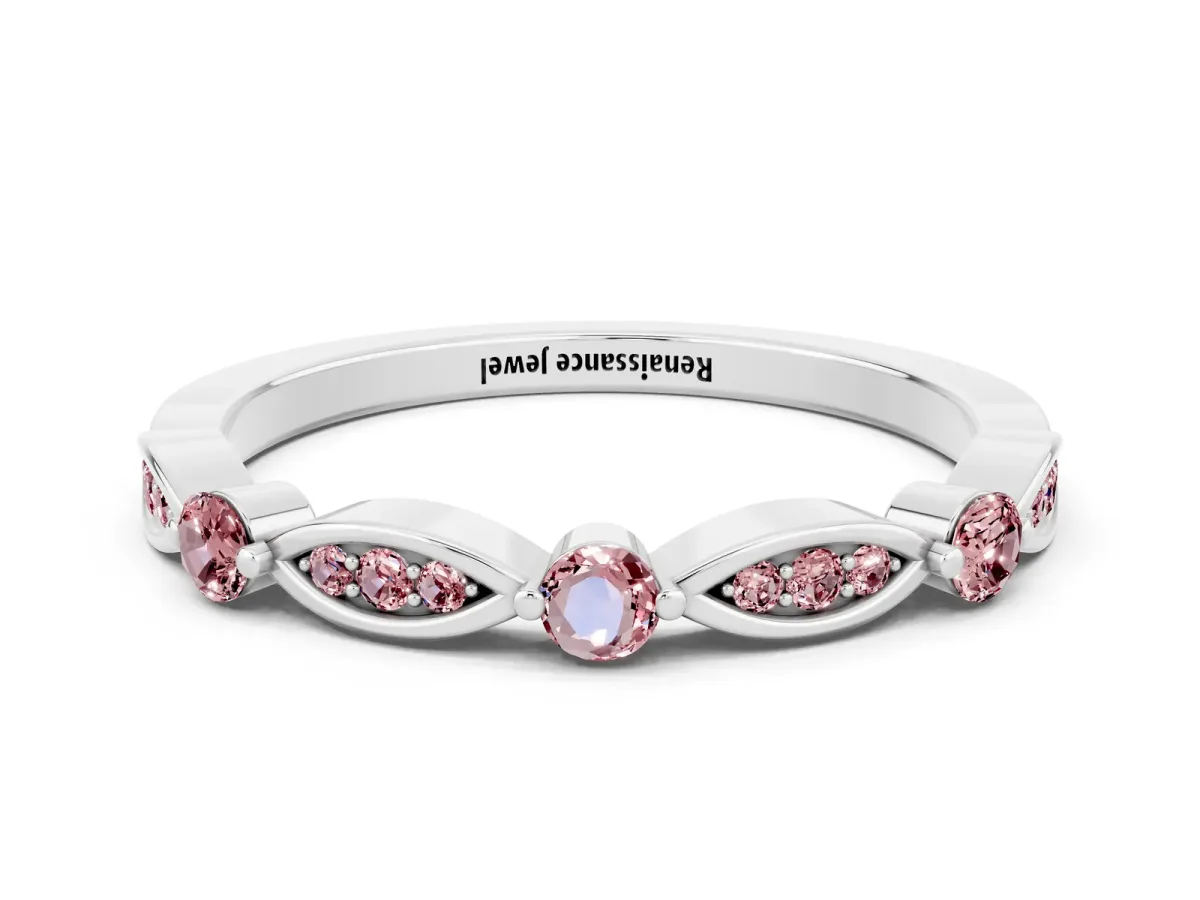 Marquise and Round Morganite Milgrain Band with Bezel Setting Silver