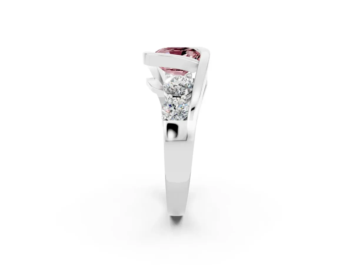 Bezel Set Cushion Cut Morganite Bypass Ring with Round Accents Silver