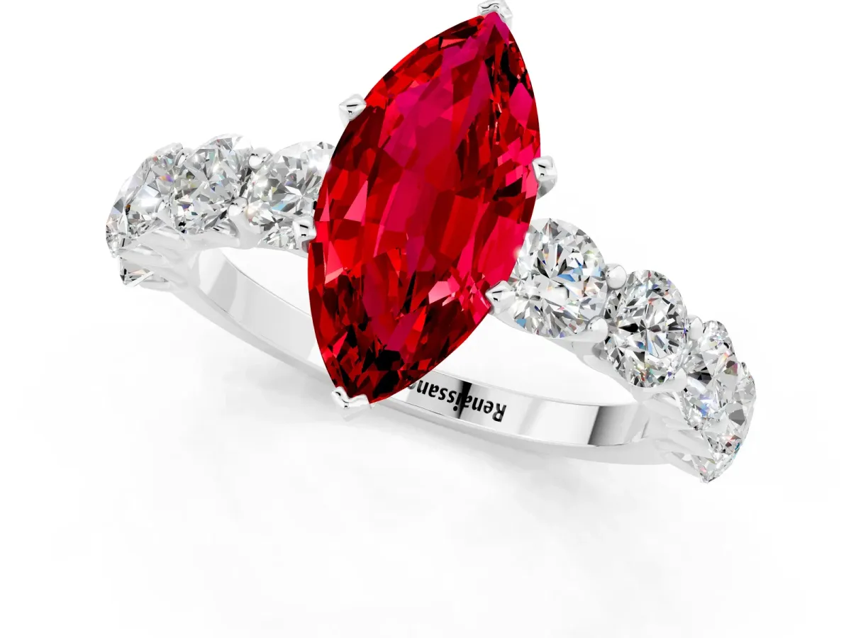 Marquise Cut Ruby Prong Setting with Side Stones on a Pave Band Platinum