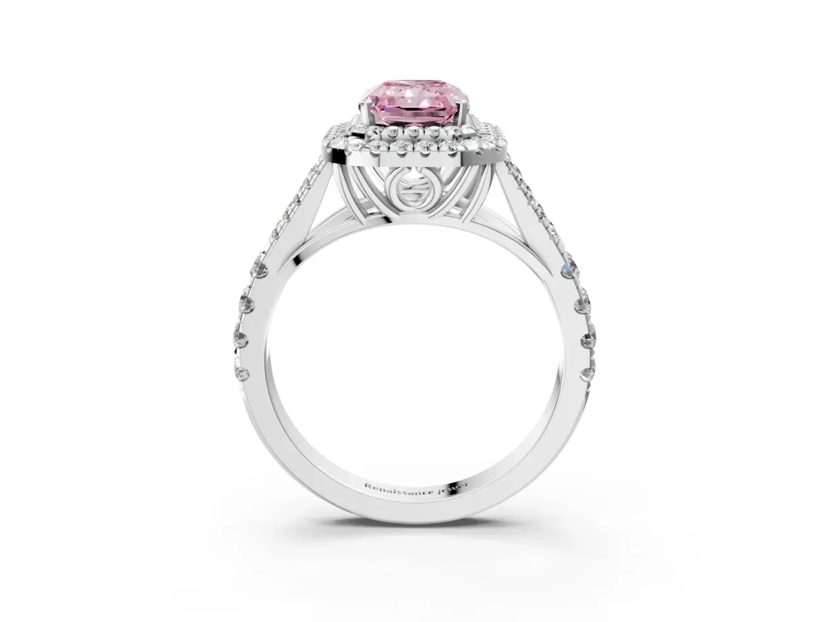 Fancy Pink Radiant Cut Cut Double Halo Split Shank Diamond Ring with Prong Setting Platinum