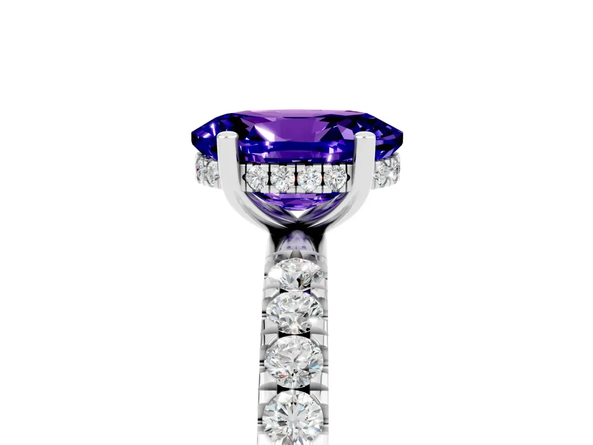 Oval Cut Tanzanite Pave Band Solitaire Ring with Round and Prong Setting Platinum