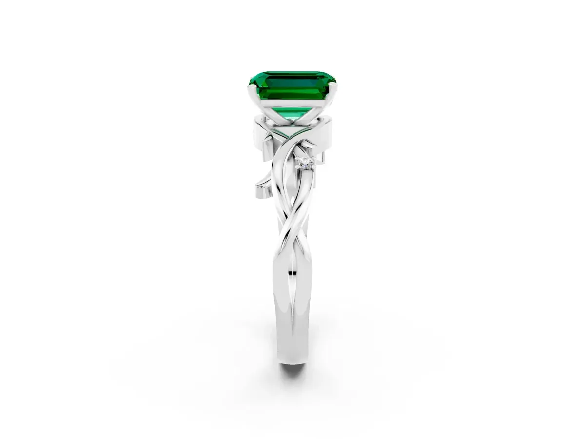 Emerald Cut Emerald Solitaire Ring with Twisted Band and Prong Setting Platinum