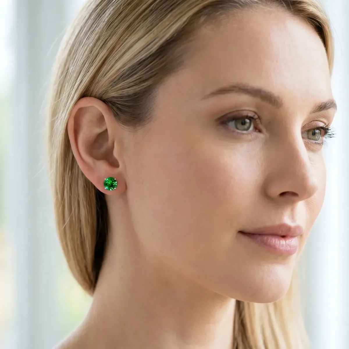 Round Cut Emerald Stud Earrings Silver