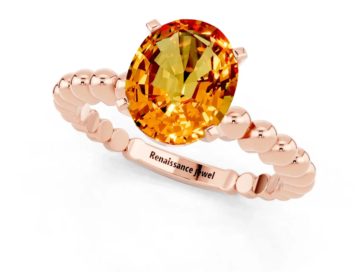 Oval Cut Citrine Solitaire Ring with Beaded Band and Prong Setting Rose gold