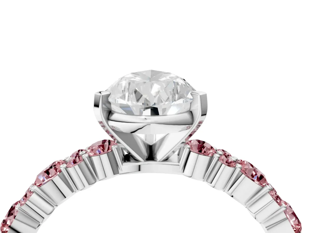 Pear Cut Diamond Side Stone Solitaire Ring with Round Morganite and Four-Prong Setting White gold