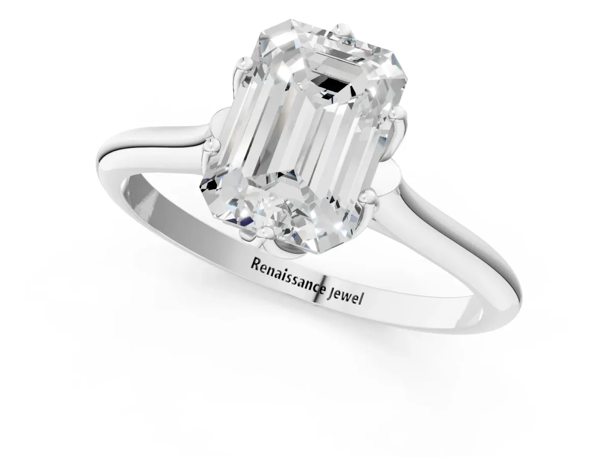 Emerald Cut Solitaire Cathedral Diamond Ring with Six-Prong Setting Silver