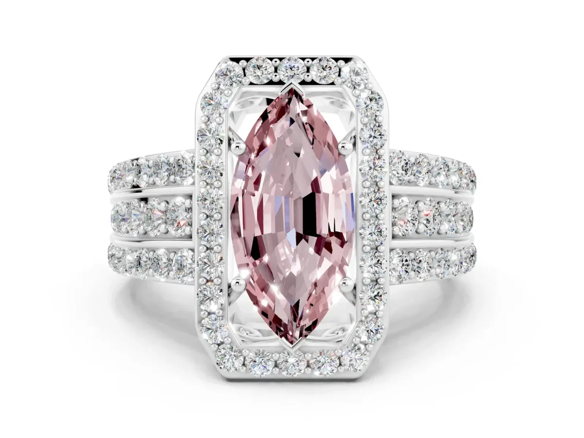 Marquise Cut Halo Morganite Ring with Round Split Shank and Prong Setting Silver