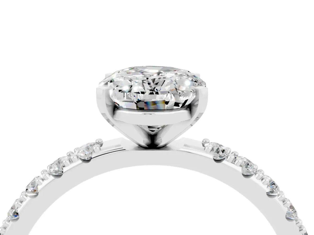 Oval Cut Moissanite Solitaire Pavé Band with Four-Prong Setting Silver