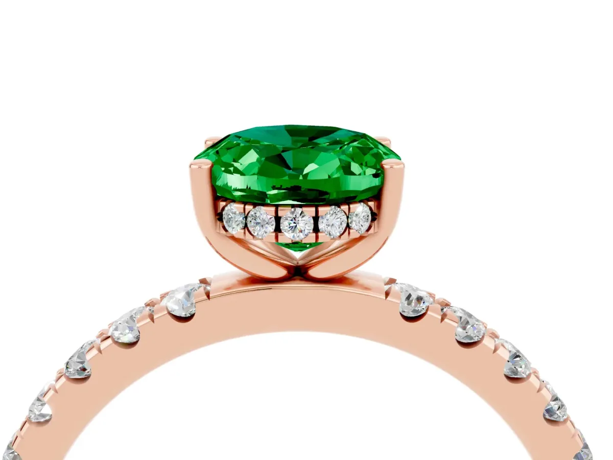 Oval Cut Emerald Pave Band Solitaire Ring with Round and Prong Setting Rose gold