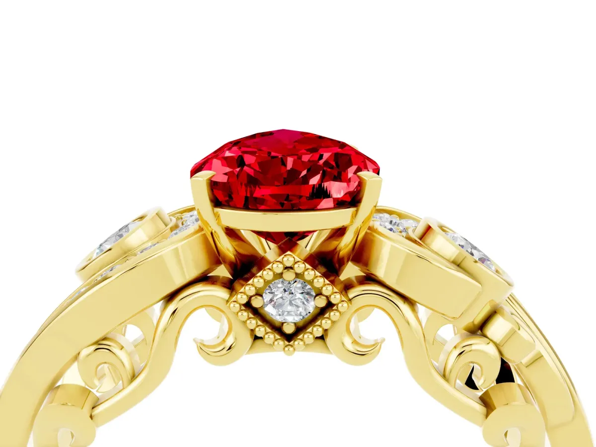 Pear Cut Ruby Solitaire Ring with Milgrain Pavé Band and Four-Prong Setting Yellow gold