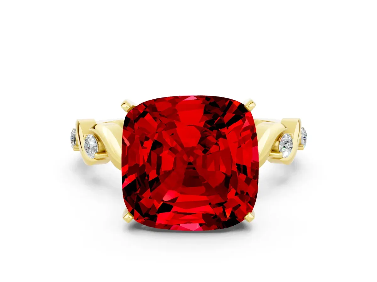 Cushion Cut Ruby Solitaire Twisted Band with Round Accents and Prong Setting Yellow gold