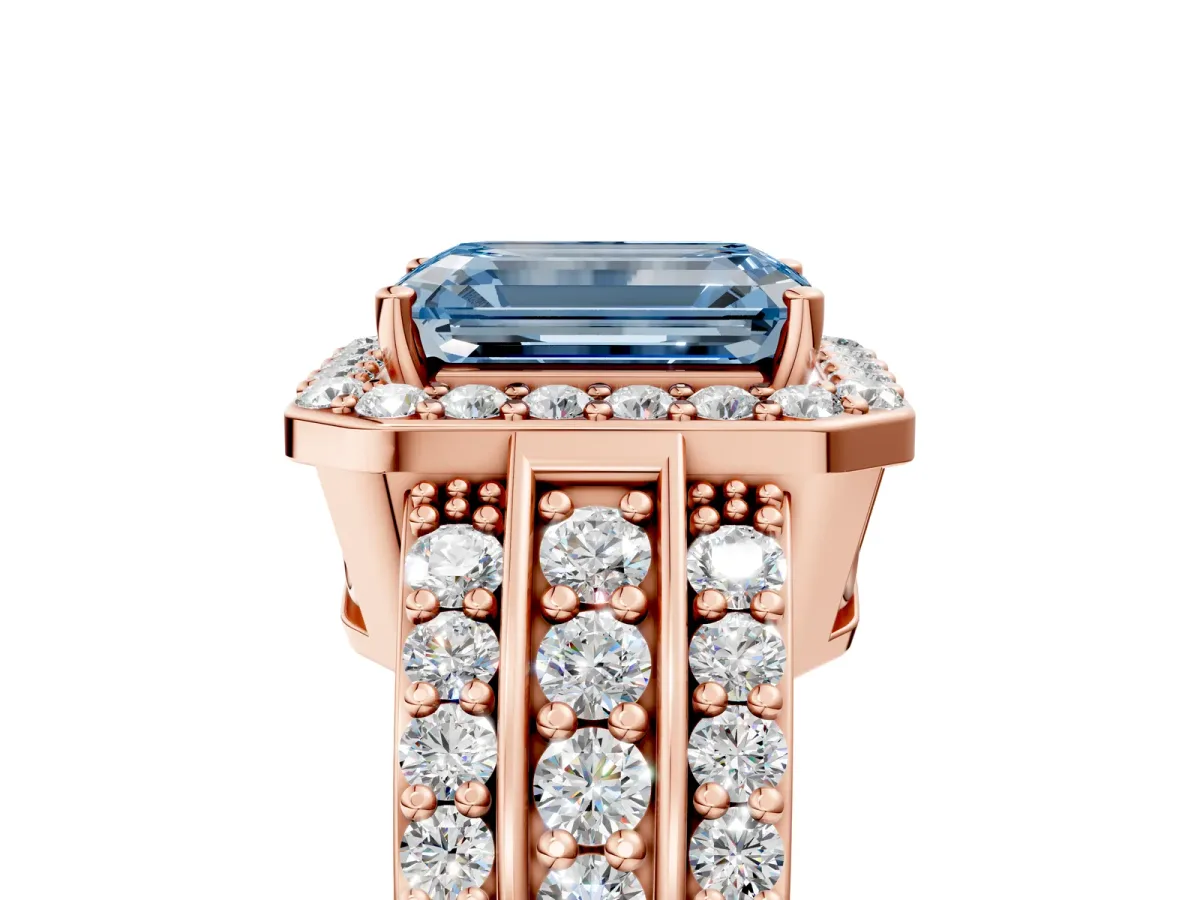 Fancy Blue Emerald Cut Halo Diamond Ring with Round Split Shank and Prong Setting Rose gold