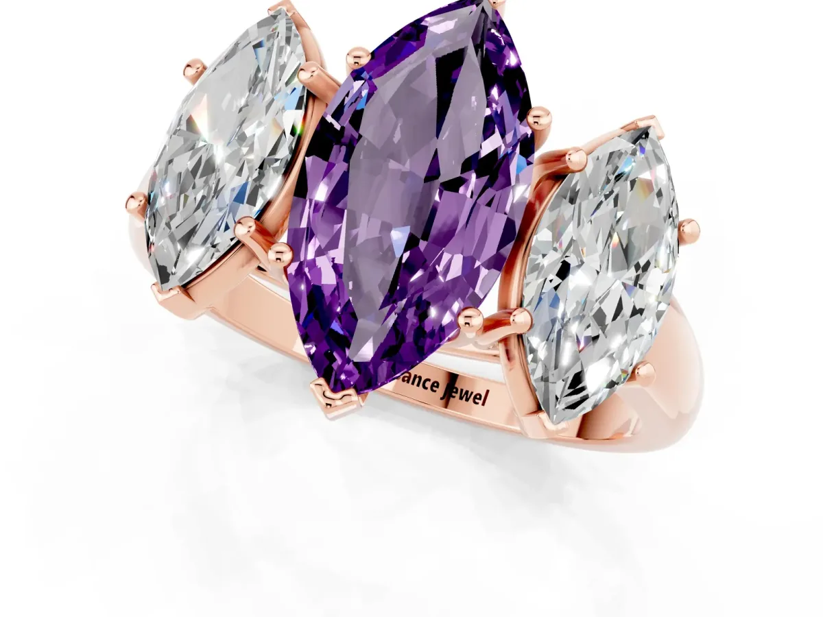 Three-Stone Marquise Cut Amethyst Engagement Ring with Prong Setting Rose gold