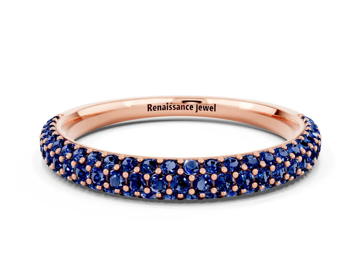 Round Blue Sapphire Pavé Eternity Band with Shared Prong Setting Rose gold
