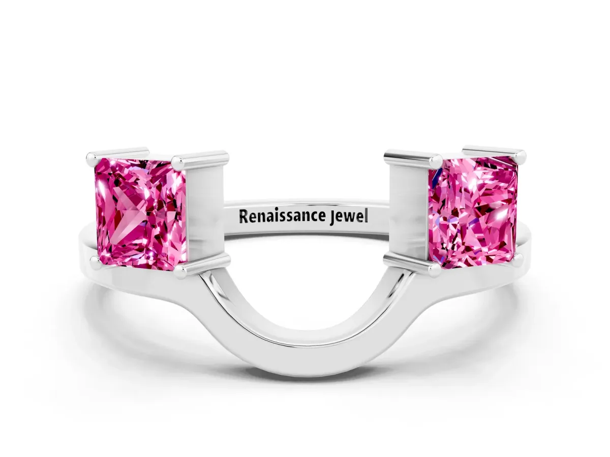 Princess Cut Pink Sapphire Two-Stone Open Band Ring with Four-Prong Setting Silver