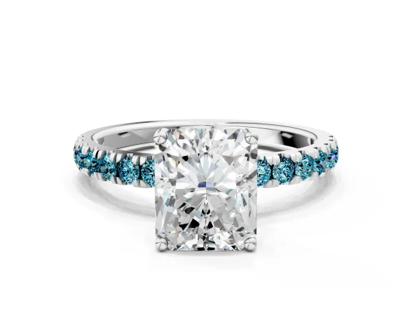 Radiant Cut Diamond Pave Band Solitaire Ring with Round Blue Topaz and Prong Setting Platinum