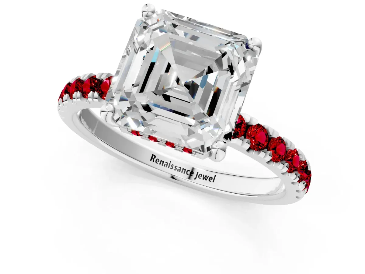 Asscher Cut Diamond Pave Band Solitaire Ring with Round Ruby and Prong Setting Silver