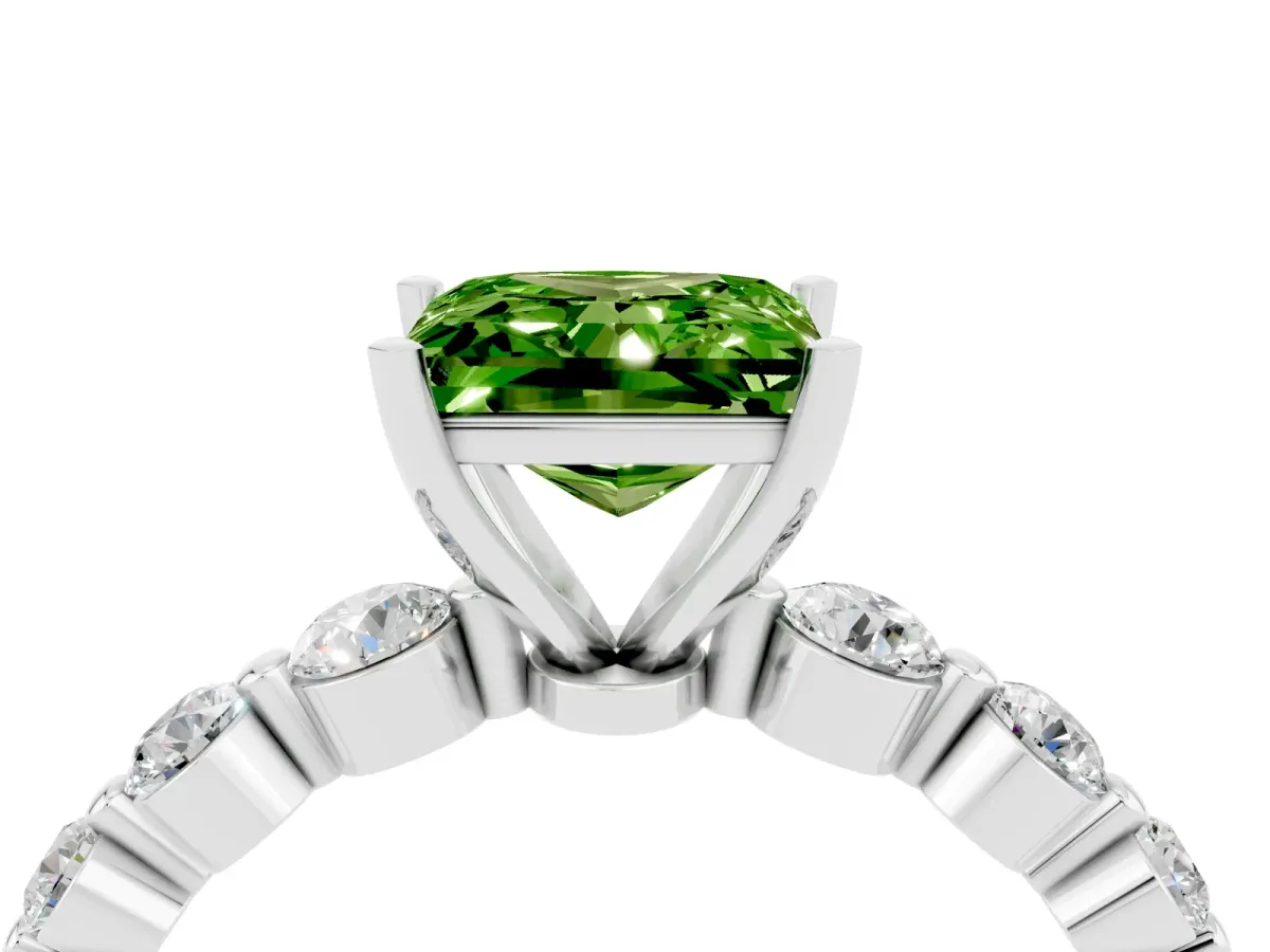 Princess Cut Solitaire Peridot Ring with Pave Band and Four-Prong Setting Platinum
