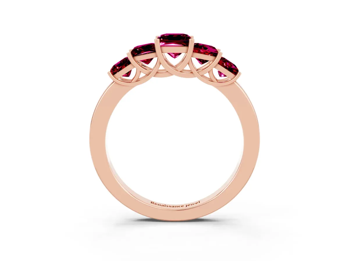 Princess Cut Five-Stone Garnet Ring with Classic Prong Setting Rose gold