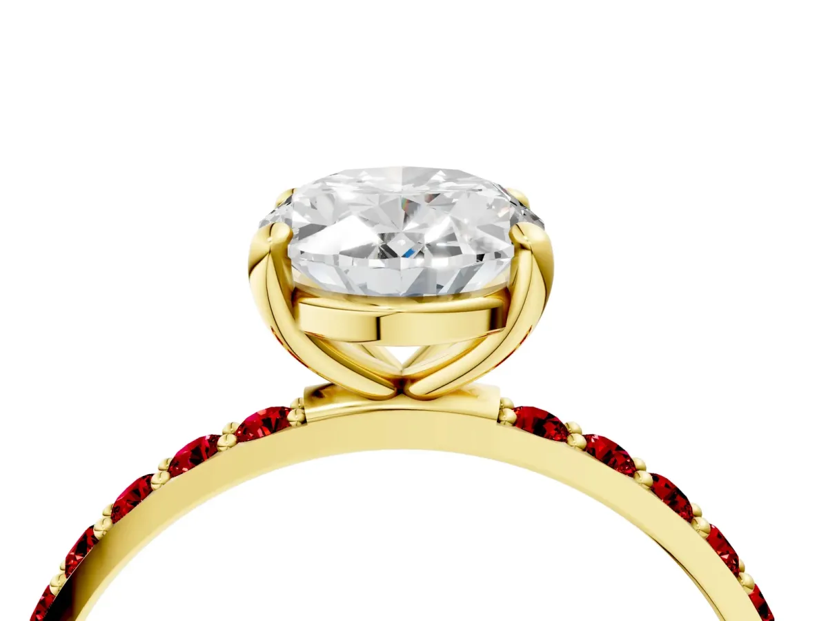 Oval Cut Diamond Solitaire Ring with Round Ruby Pavé Band and Prong Setting Yellow gold