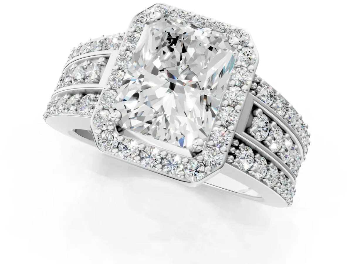 Radiant Cut Halo Diamond Ring with Round Moissanite Split Shank and Prong Setting Silver