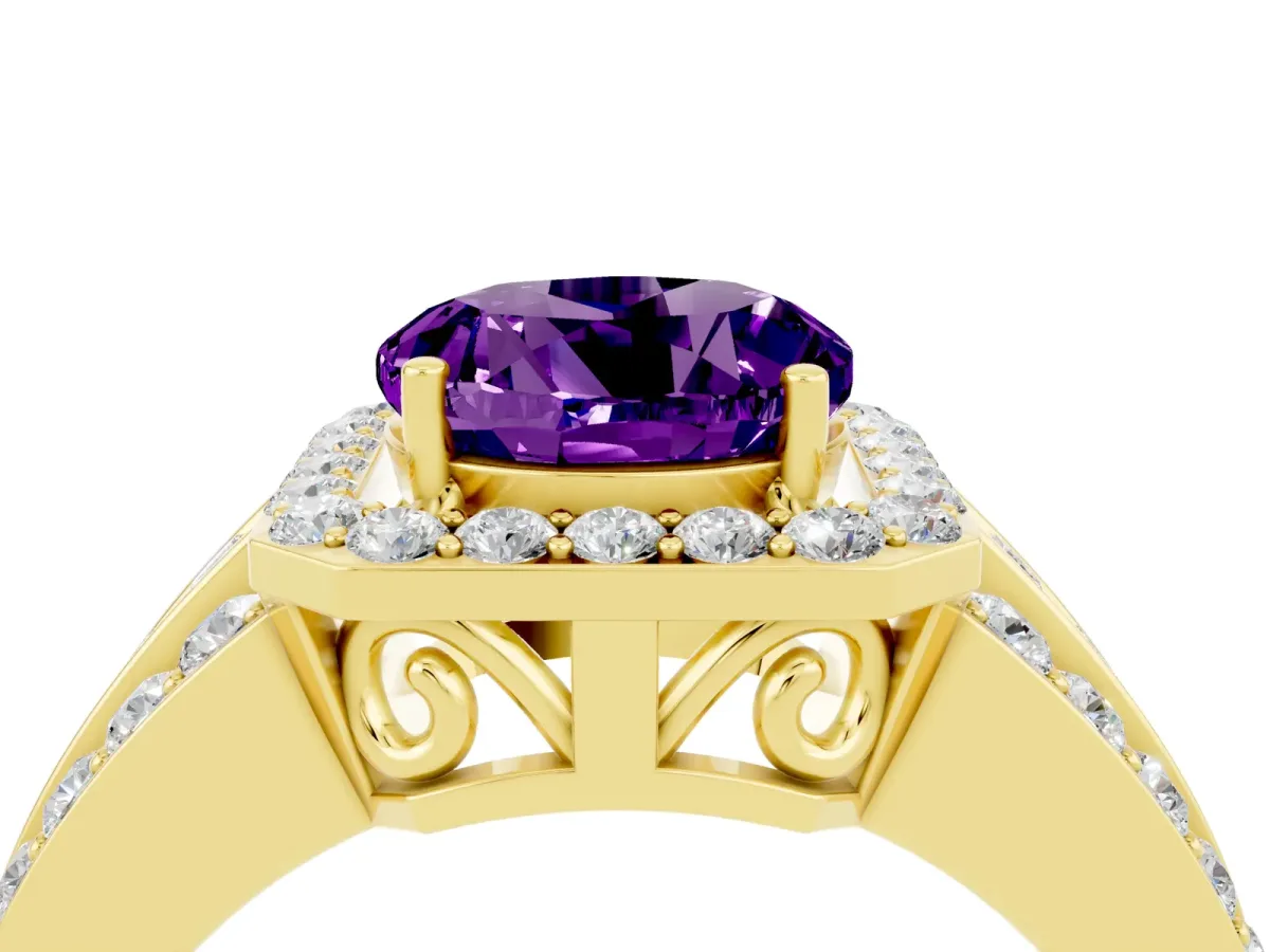 Round Cut Halo Amethyst Ring with Round Split Shank and Prong Setting Yellow gold