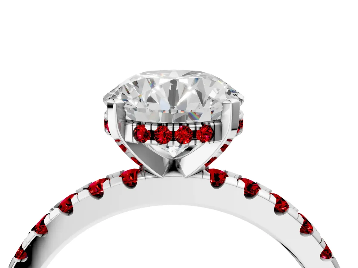 Round Cut Diamond Solitaire Ring with Round Ruby Pavé Band and Four-Prong Setting Silver