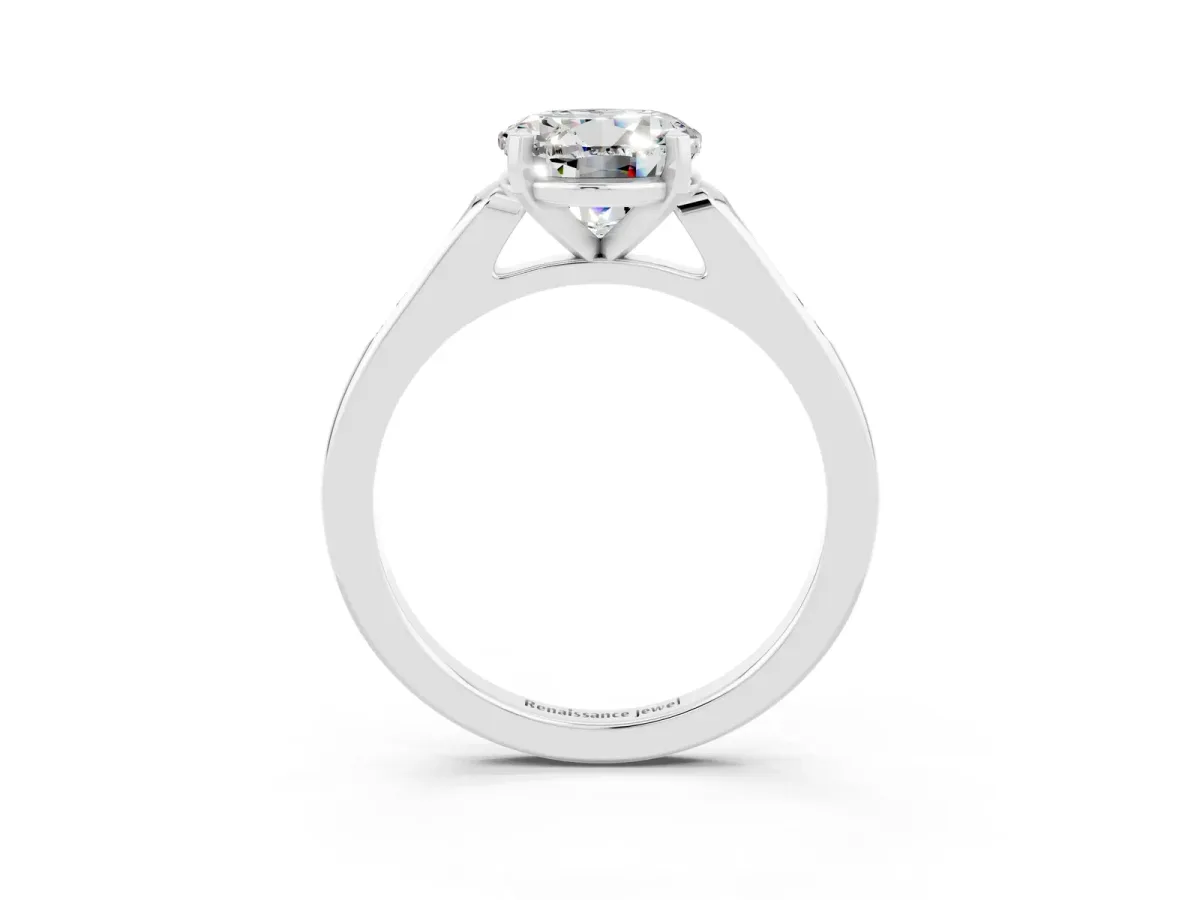 Round Cut Moissanite Solitaire Ring with Channel Set Round Band and Prong Setting Silver