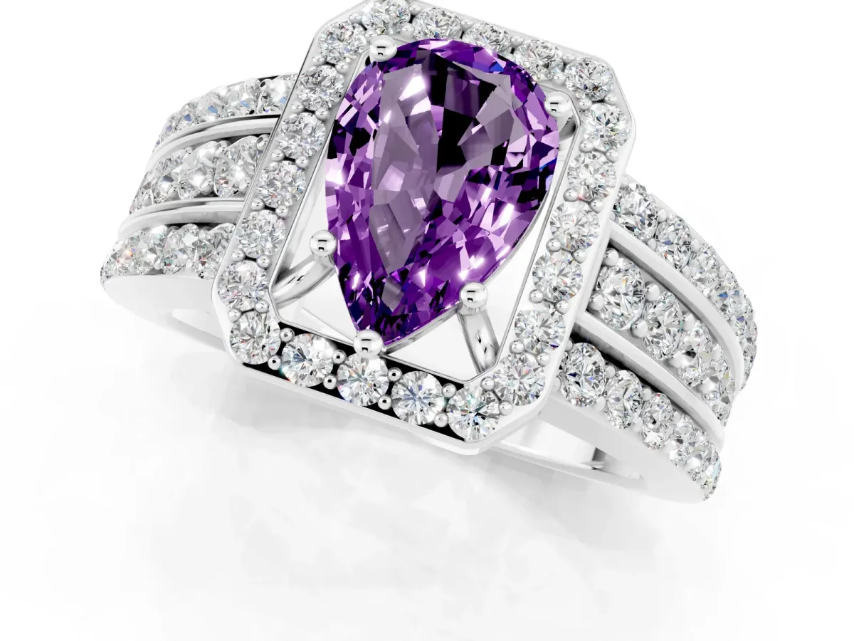 Pear Cut Halo Amethyst Ring with Round Split Shank and Prong Setting White gold