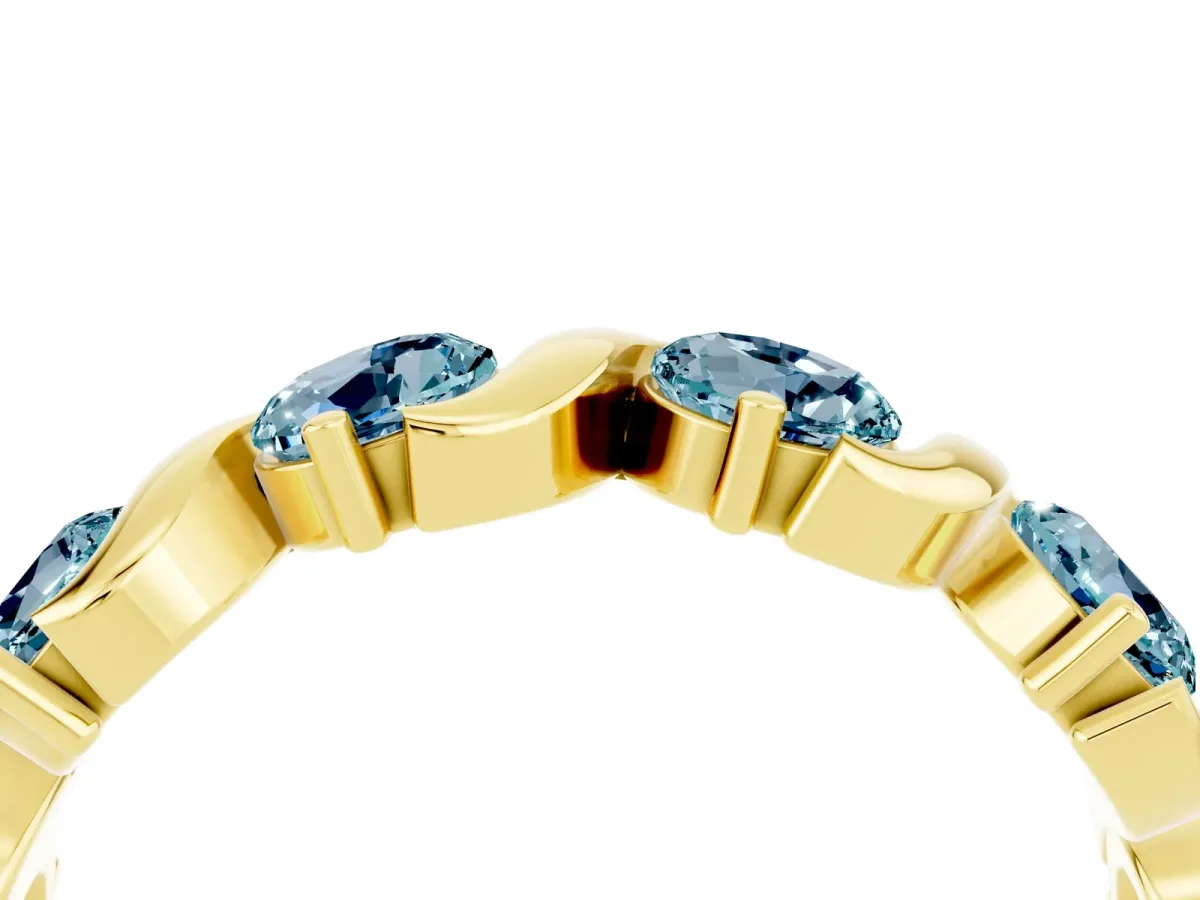Six-Stone Round Aquamarine Wave Band with Shared Prong Setting Yellow gold
