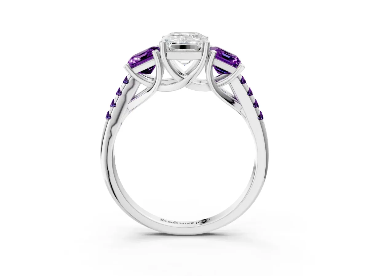 Three-Stone Emerald Cut Diamond Ring with Round Amethyst Pavé Band and Prong Setting Platinum
