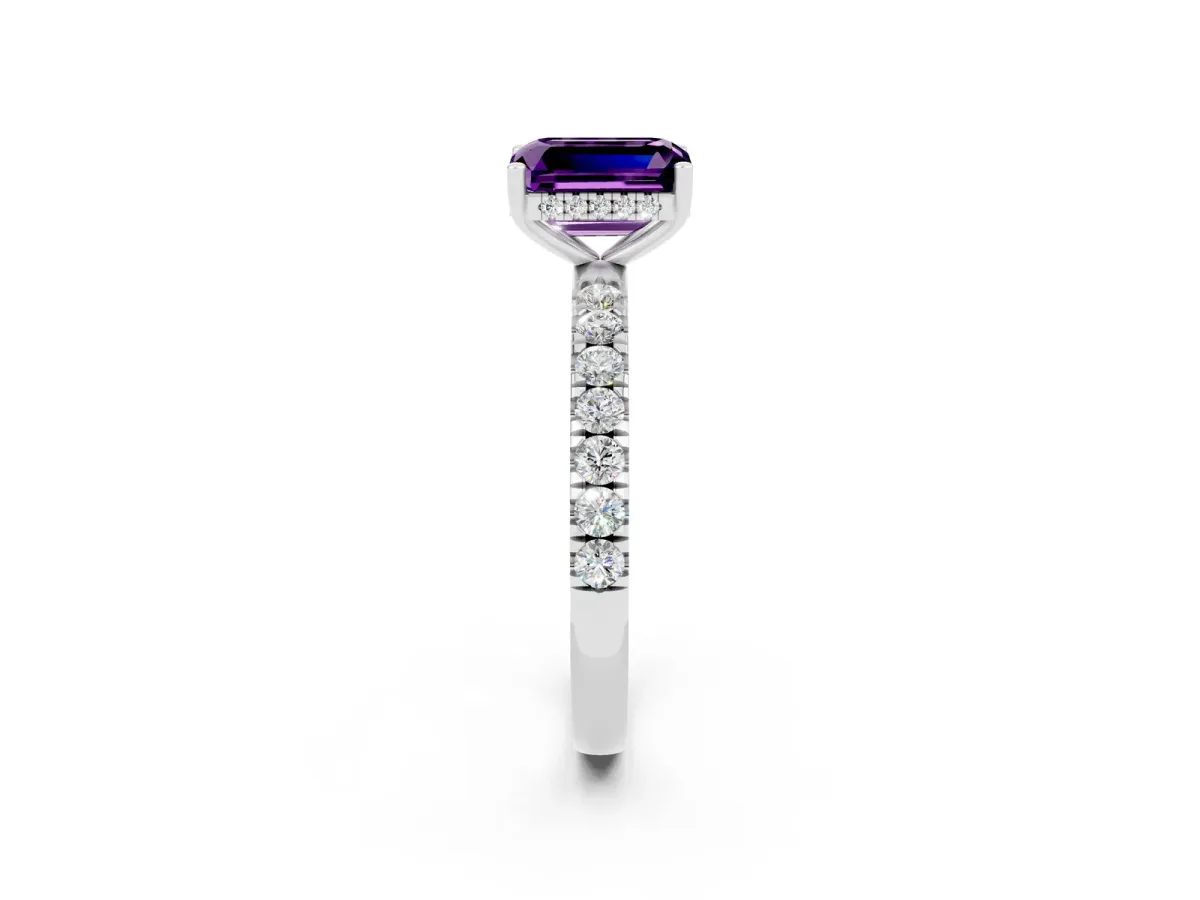 Emerald Cut Amethyst Pave Band Solitaire Ring with Round and Prong Setting Silver