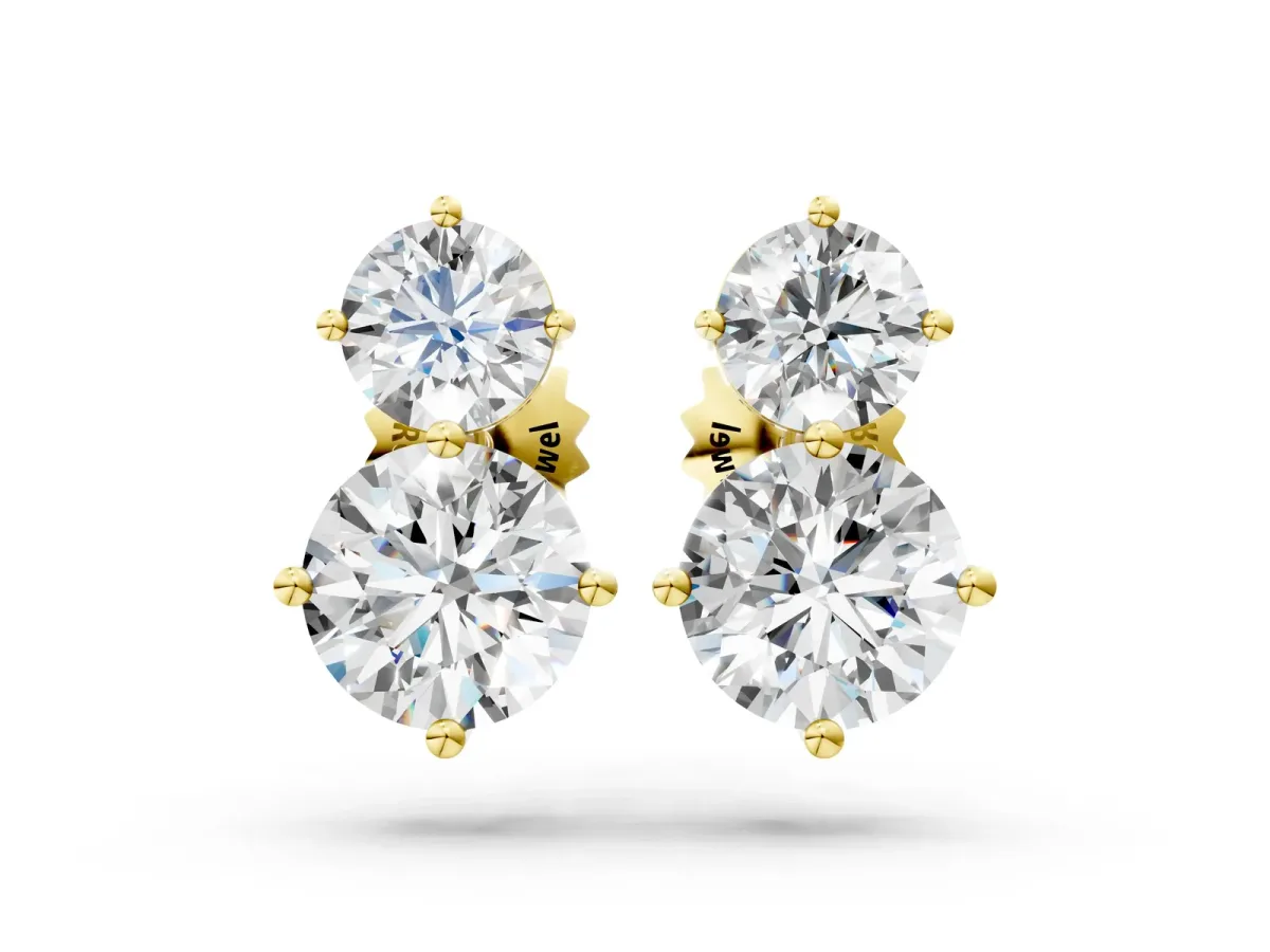 Round Cut Diamond Two Stone Stud Earrings Yellow gold