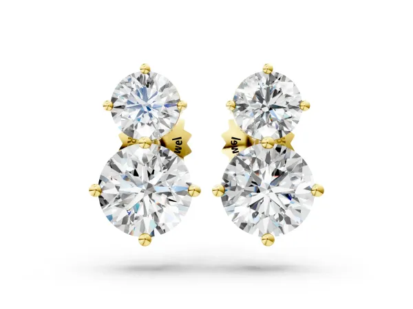 Round Cut Diamond Two Stone Stud Earrings Yellow gold