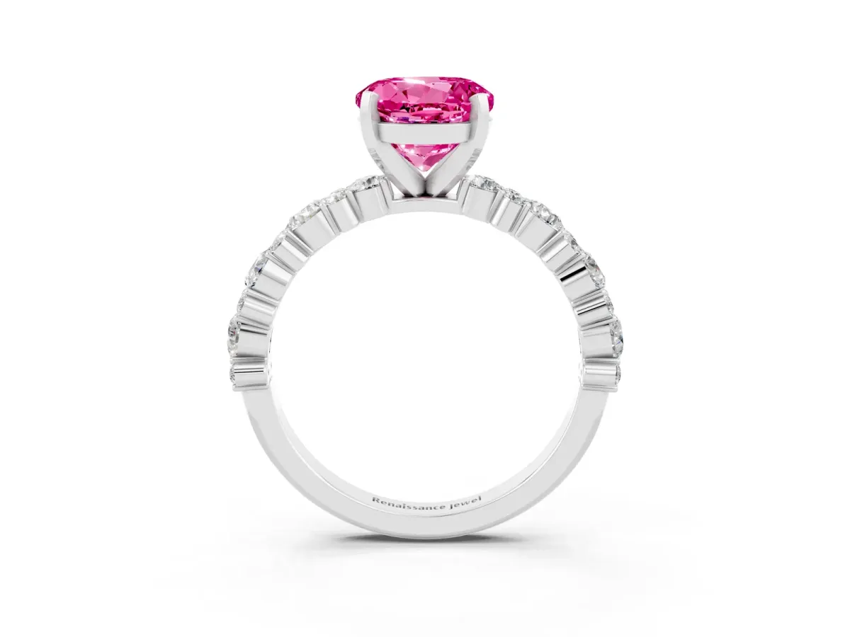 Round Cut Pink Sapphire Side Stone Solitaire Ring with Round and Four-Prong Setting Silver