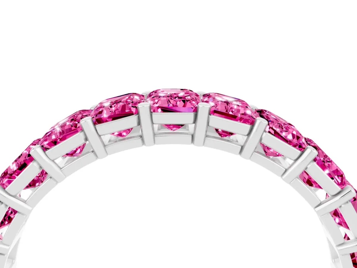 Emerald Cut Pink Sapphire Eternity Band with Shared Prong Setting Platinum