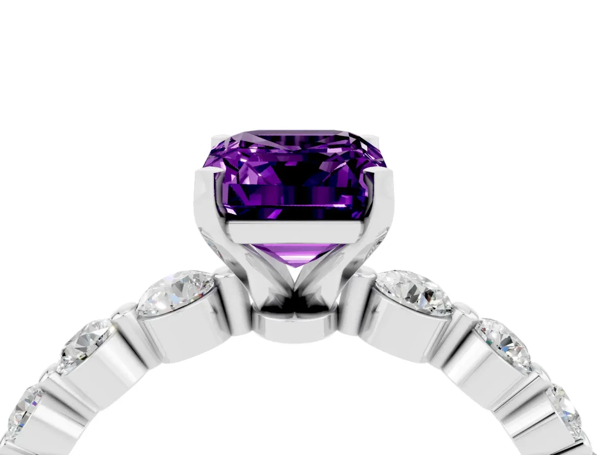Emerald Cut Solitaire Amethyst Ring with Pave Band and Four-Prong Setting Platinum