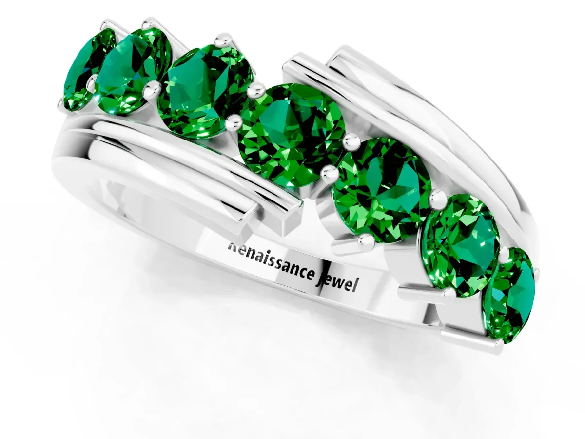 Round Emerald Wave Band with Channel and Shared Prong Setting Platinum