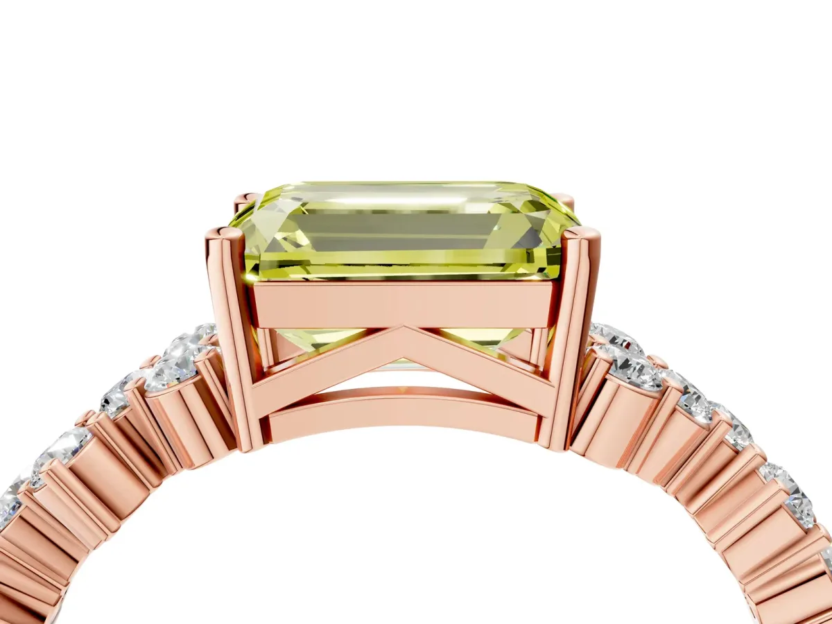 Fancy Yellow Emerald Cut Diamond Scattered Round Accent Ring with Prong Setting Rose gold