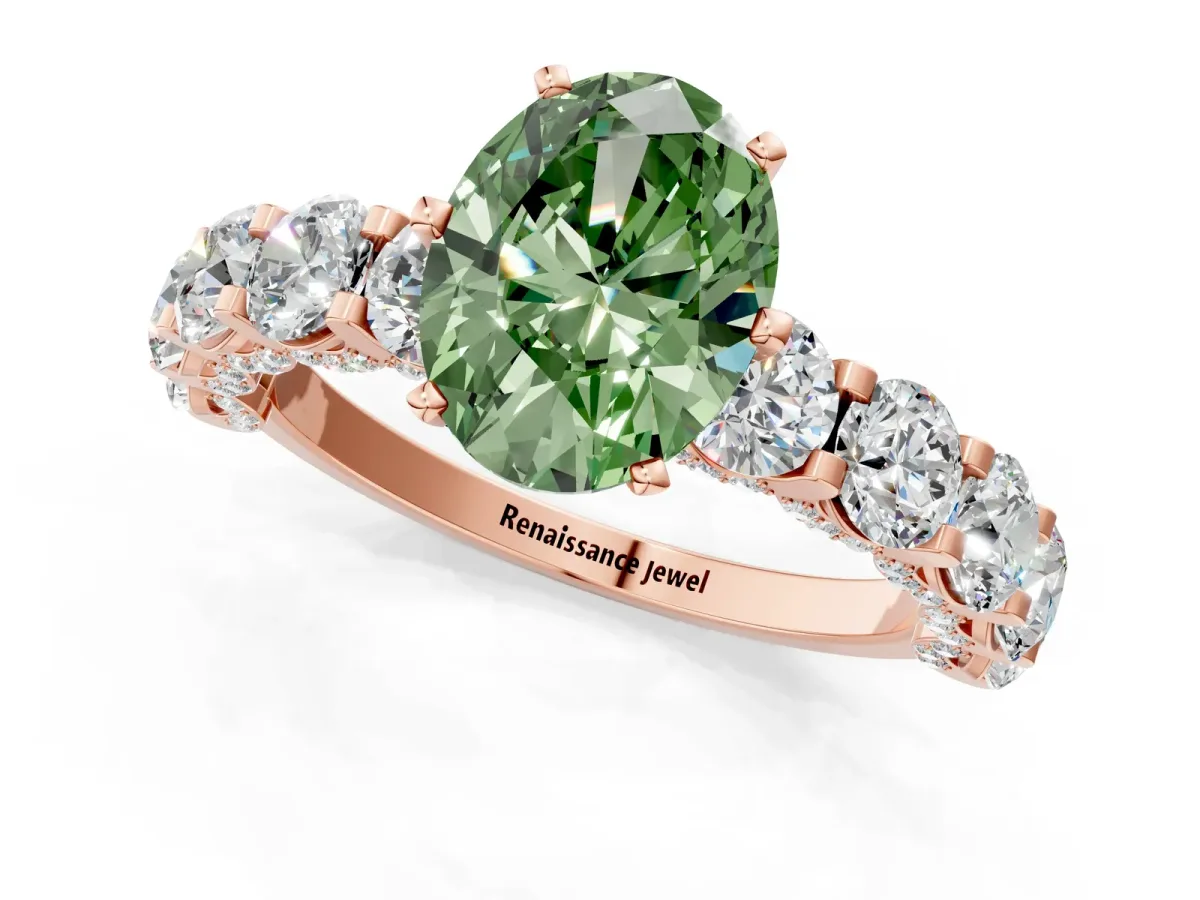 Fancy Green Oval Cut Diamond Side Stone Engagement Ring with Four-Prong Setting Rose gold