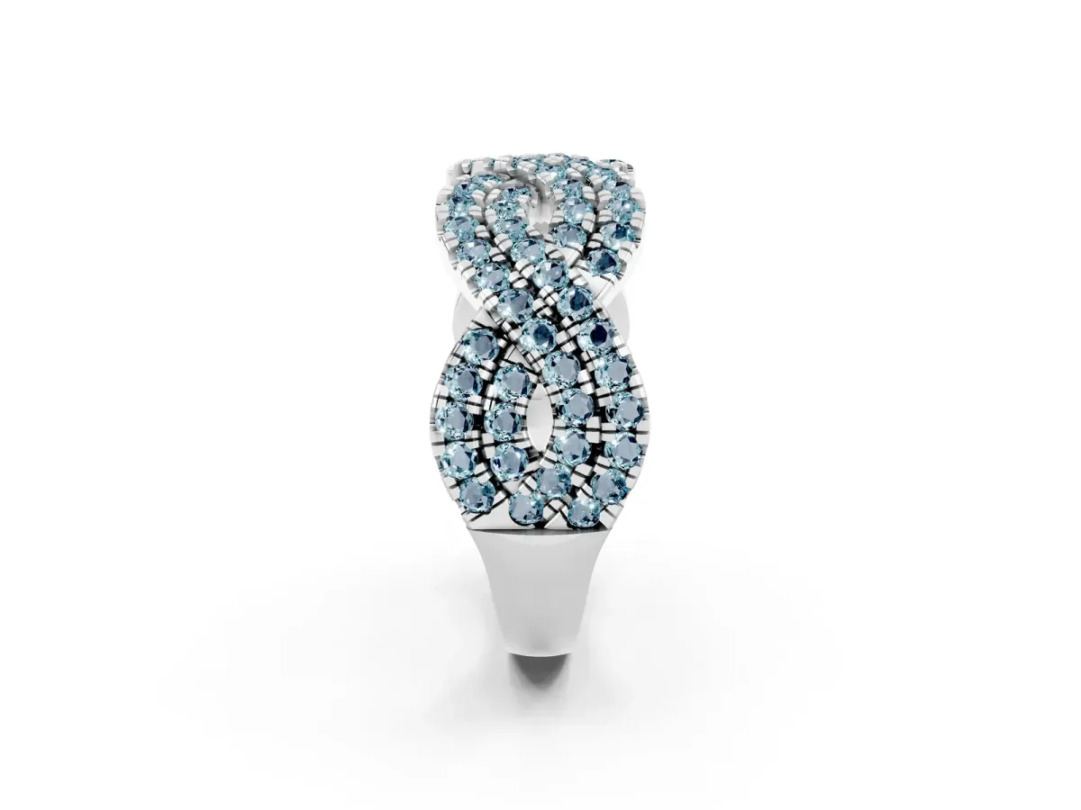 Pavé Round Aquamarine Infinity Twist Band with Shared Prong Setting Platinum